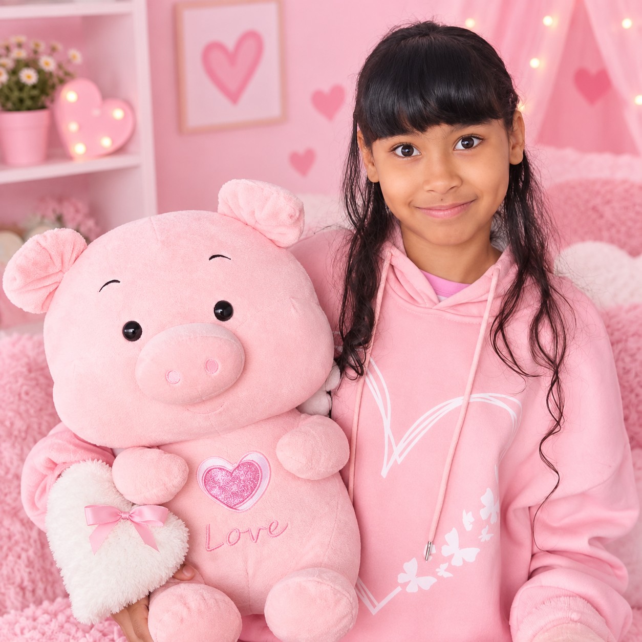 Abigail, hija de Francys, abrazando un peluche rosa